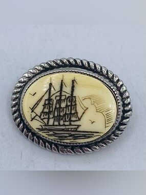 Vintage Silver Tone  Scrimshaw Miniature Etched Sailboat Ship Oval Brooch/Pin
